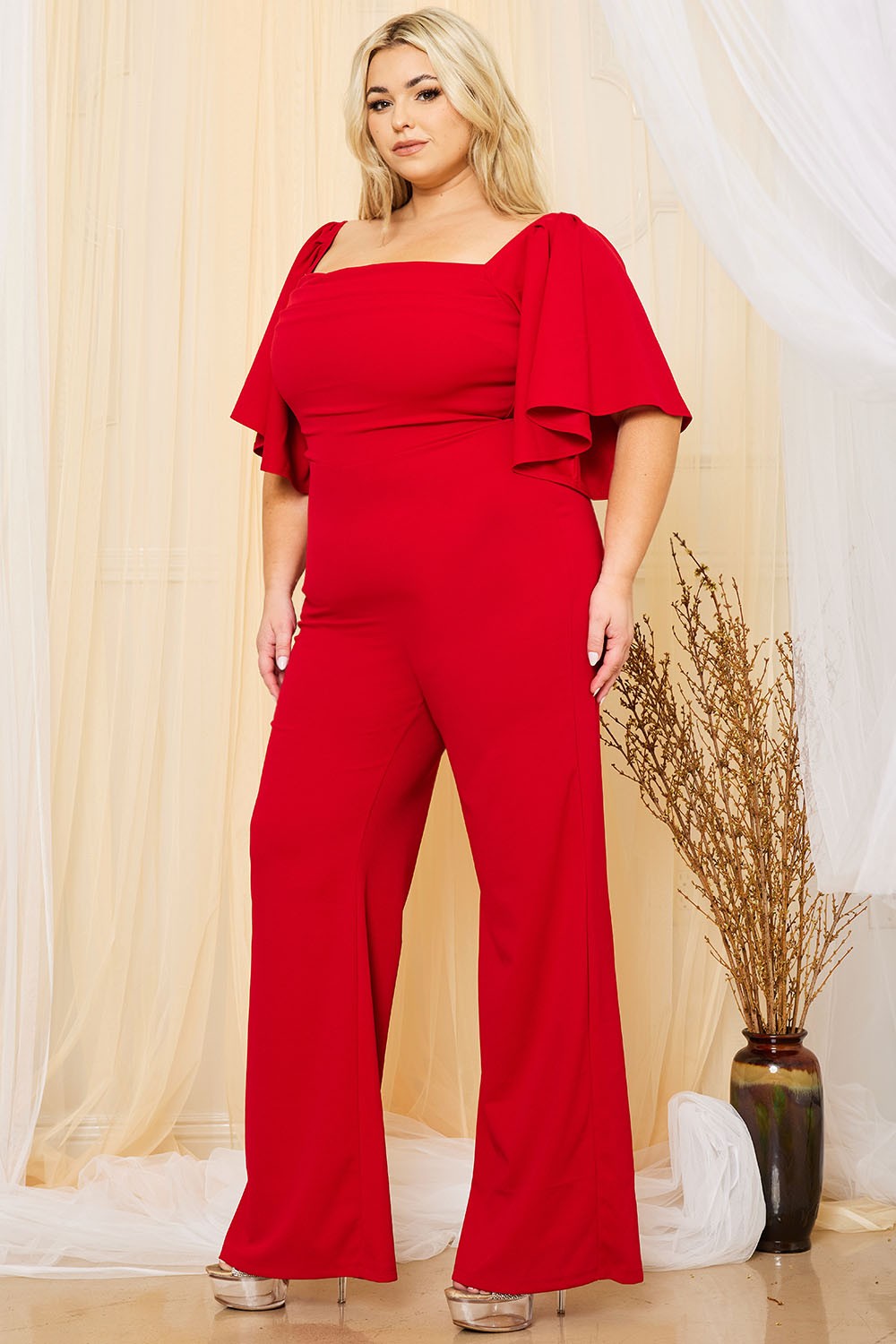 RUFFLE 3/4 SLEEVE PLUS SIZE JUMPSUIT