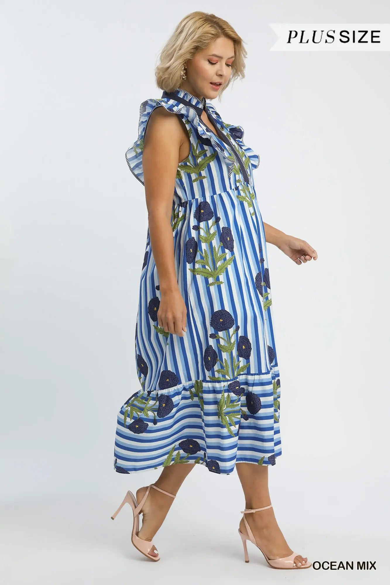 Mix Striped Floral Midi Dress