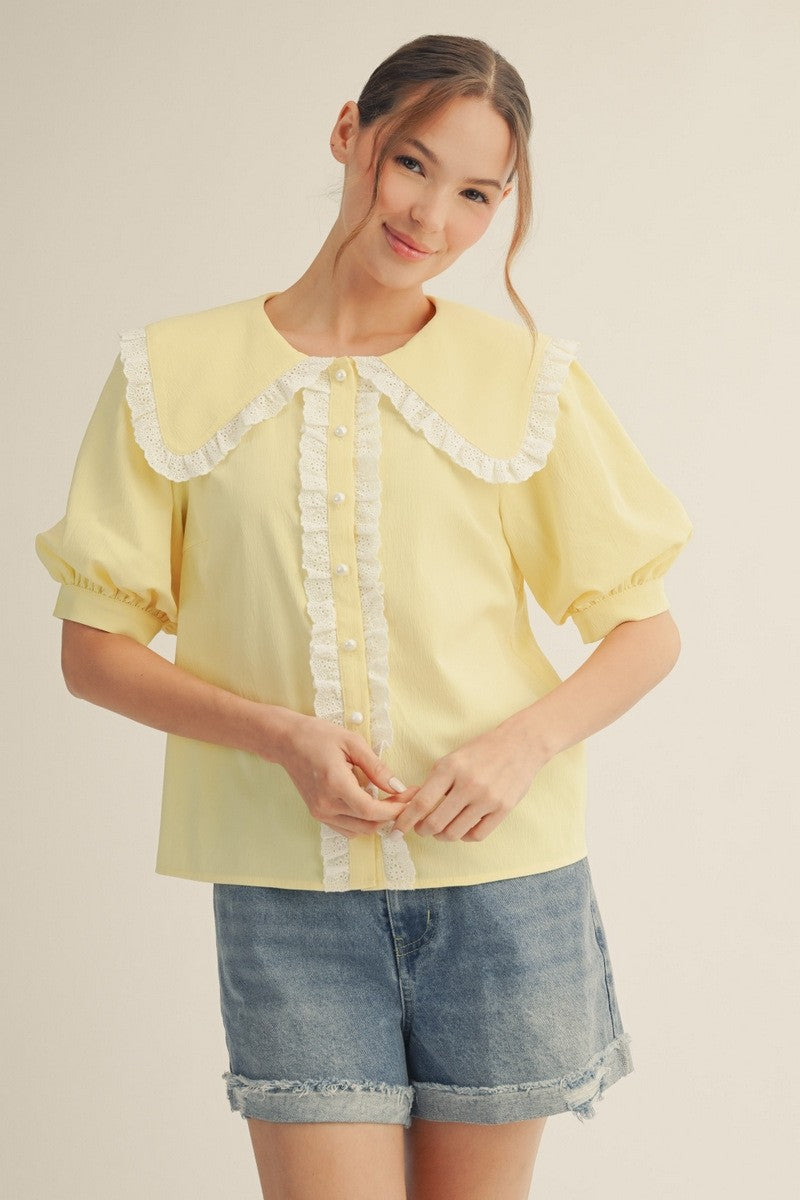 Eyelet Lace Accent Peter Pan Collared Top