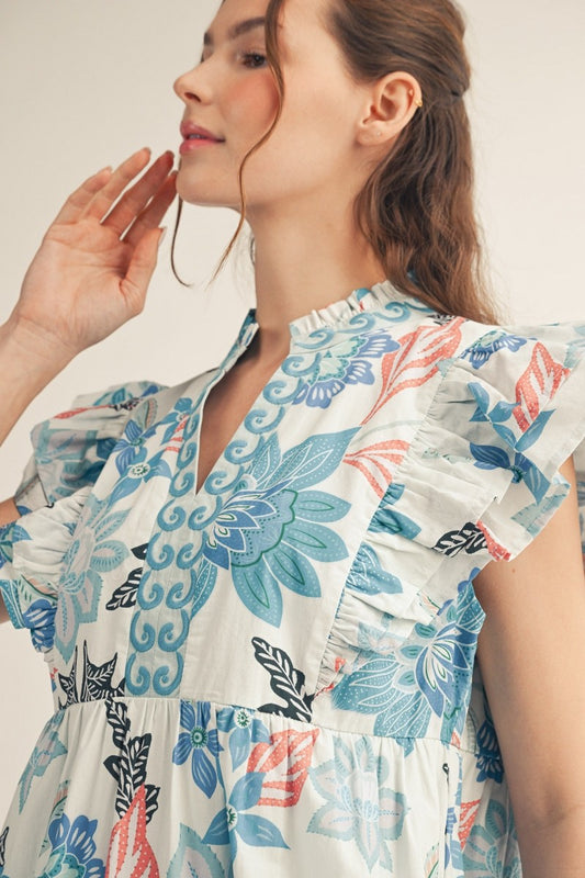 Ruffled Cap Sleeves Tropical Floral Midi Dress