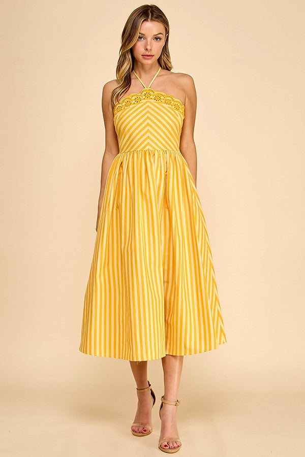Scalloped Halter Neckline Midi Dress W Embroider