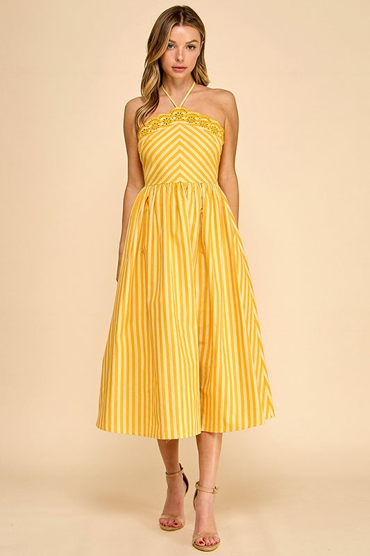 Scalloped Halter Neckline Midi Dress W Embroider