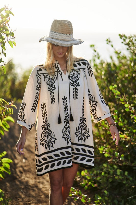 Printed 3/4 Sleeve Dress with Tassel Tie