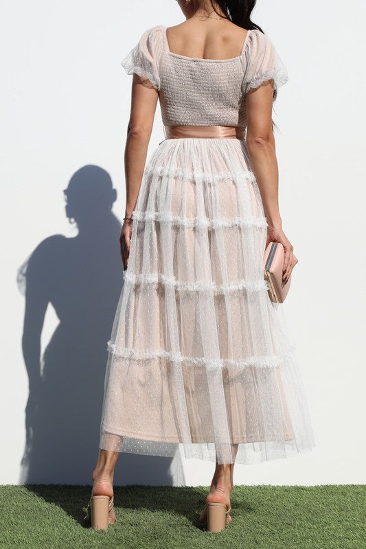 Lace Top Mesh Midi Dress