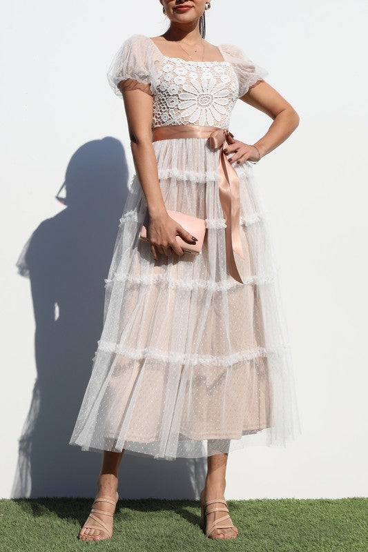 Lace Top Mesh Midi Dress