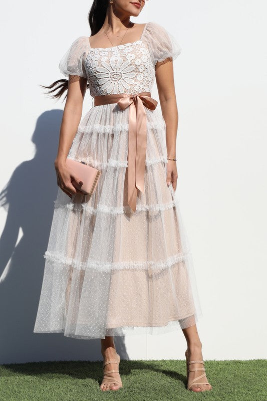 Lace Top Mesh Midi Dress