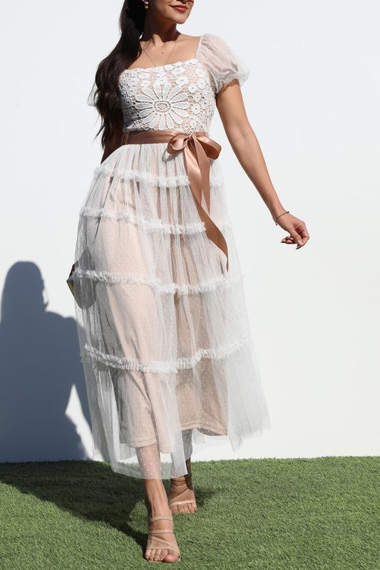 Lace Top Mesh Midi Dress