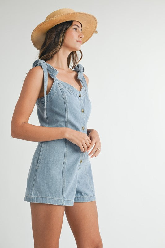 DENIM BUTTON DOWN ROMPER WITH SHOULDER TIE DETAIL