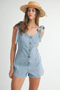 DENIM BUTTON DOWN ROMPER WITH SHOULDER TIE DETAIL