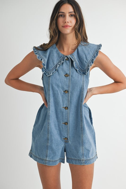 RUFFLED COLLAR BUTTON DOWN DENIM ROMPER