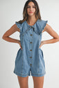 RUFFLED COLLAR BUTTON DOWN DENIM ROMPER
