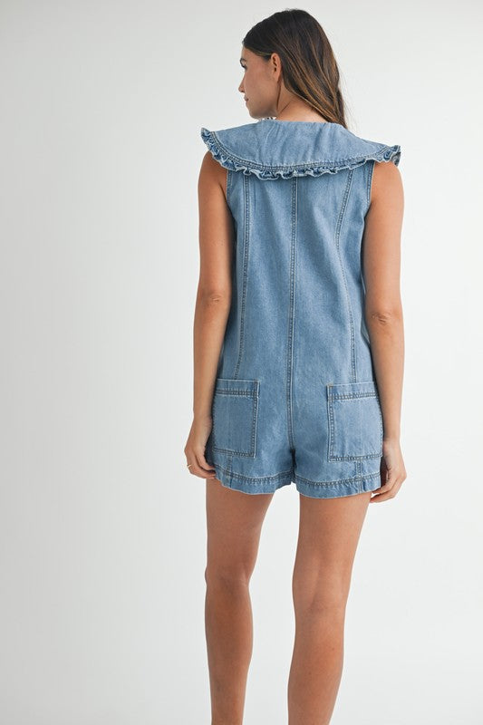 RUFFLED COLLAR BUTTON DOWN DENIM ROMPER