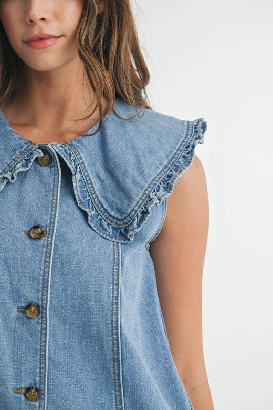 RUFFLED COLLAR BUTTON DOWN DENIM ROMPER