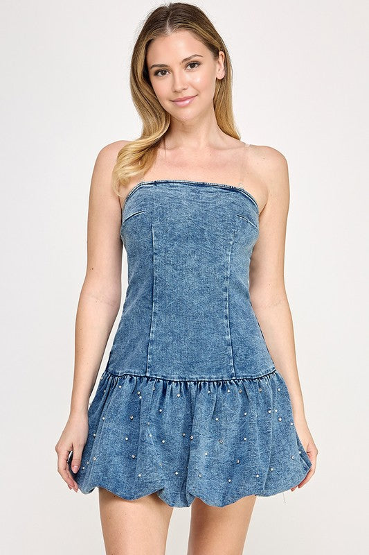 RHINESTONE DETAIL TUBE MINI DRESS