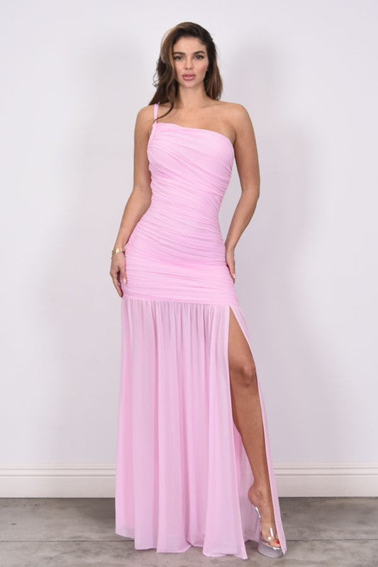 One Shoulder Ruched Mesh Maxi Dress