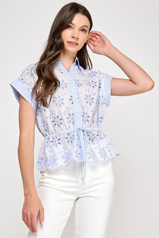 Floral Detail Keyhole Button Shirt