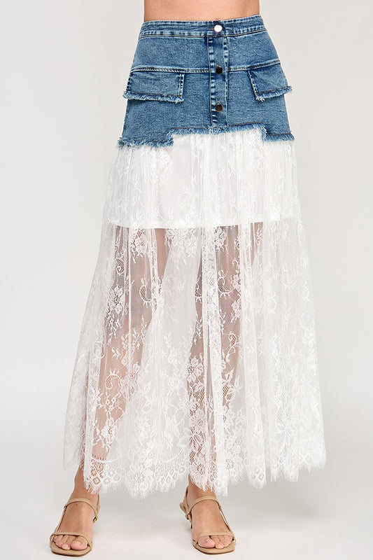 Floral Lace N Denim Color Bock Long Skirt