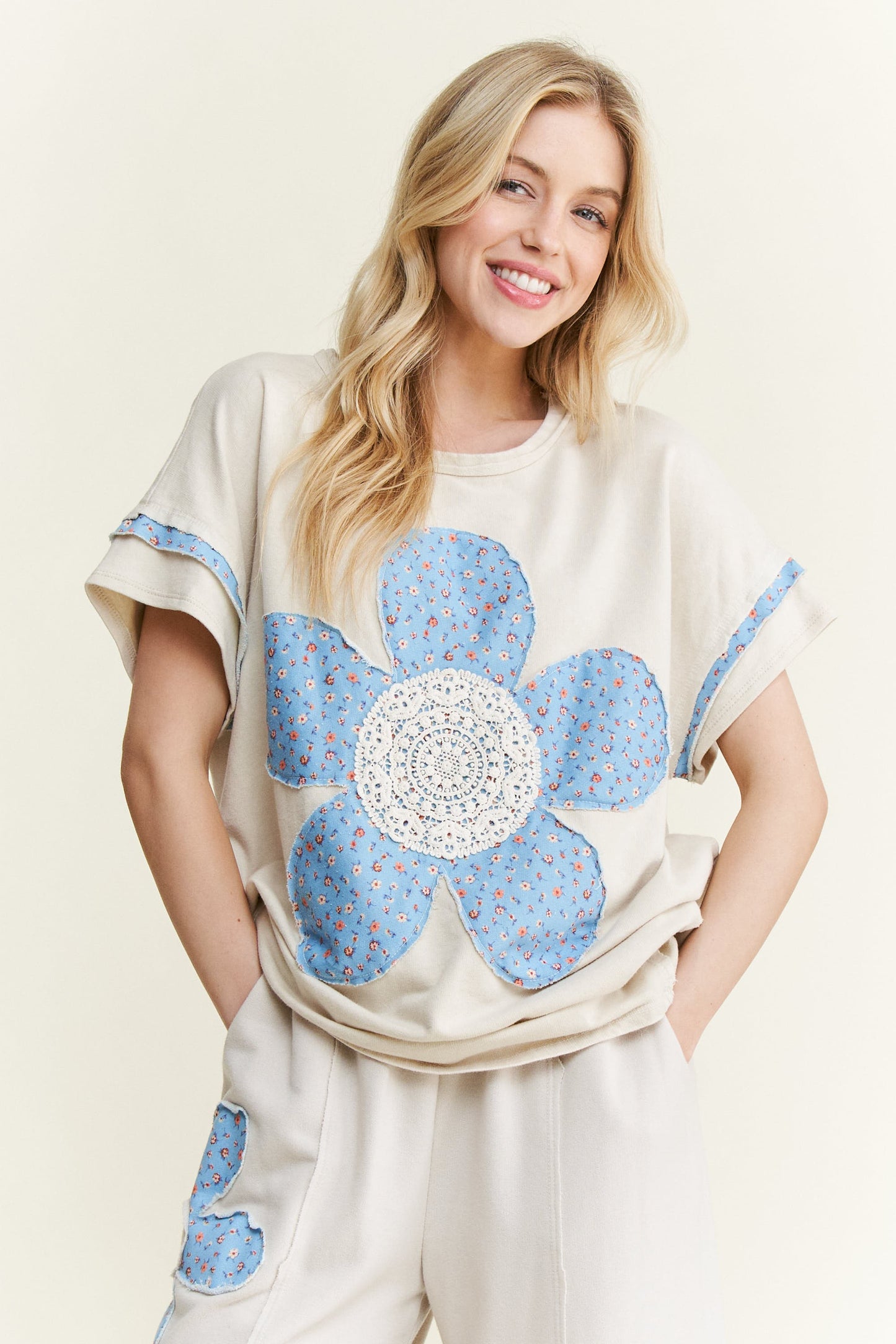 Cotton French Terry Flower Doily Patched Set