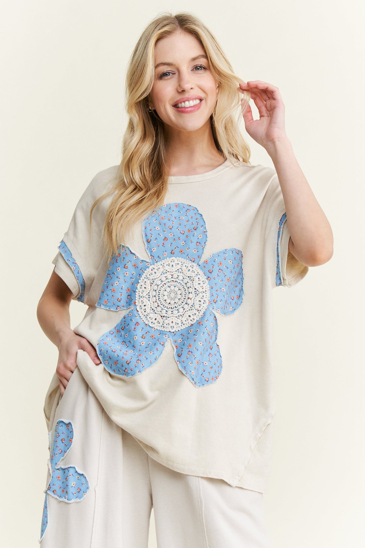 Cotton French Terry Flower Doily Patched Set