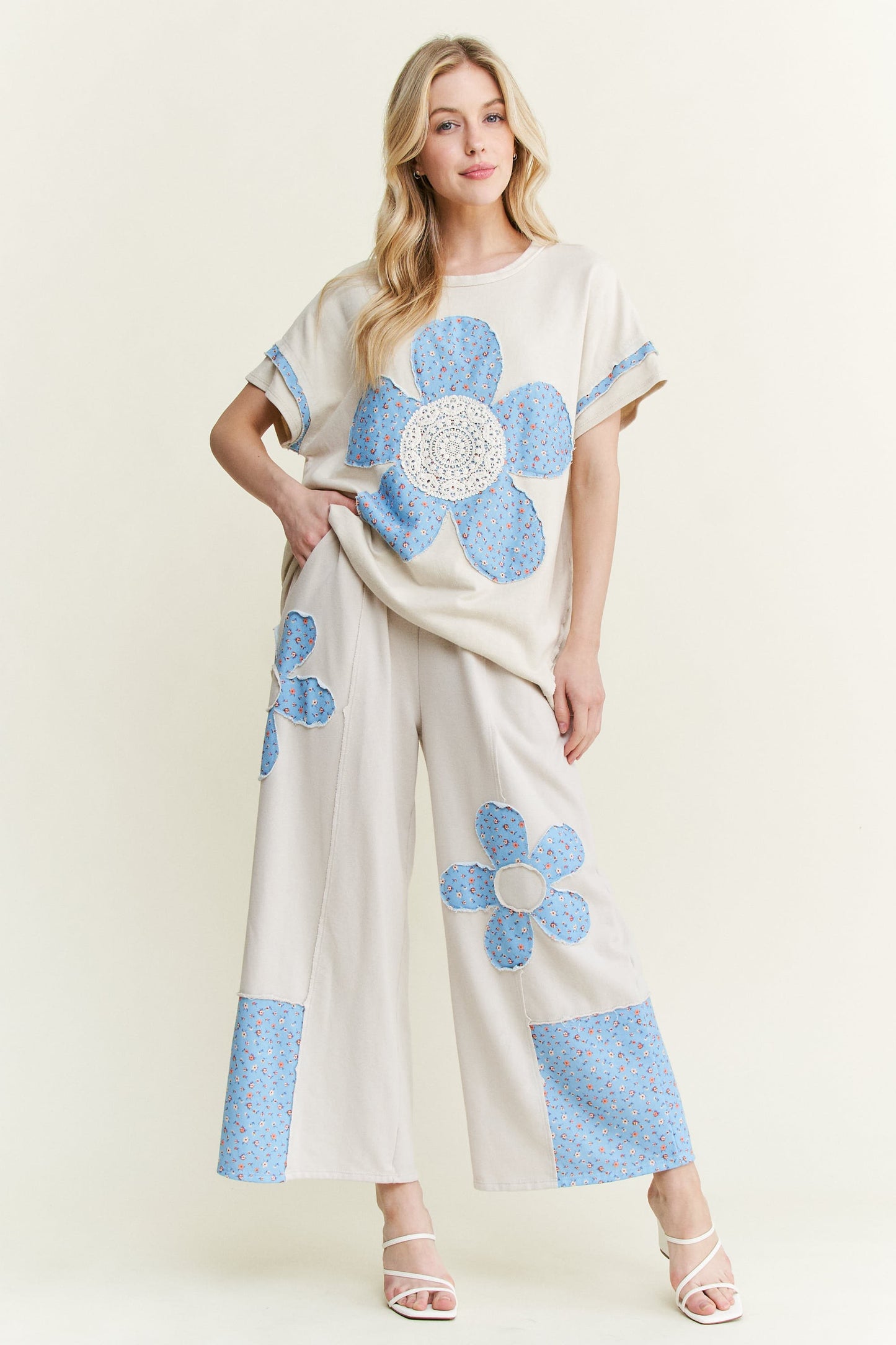 Cotton French Terry Flower Doily Patched Set