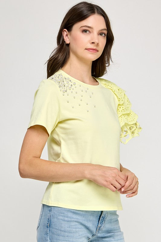Rhinestone N Ruffle Detail T Shirt