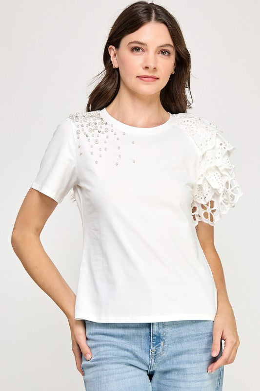Rhinestone N Ruffle Detail T Shirt