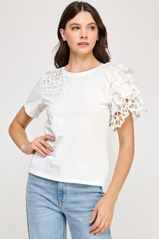 Rhinestone N Ruffle Detail T Shirt