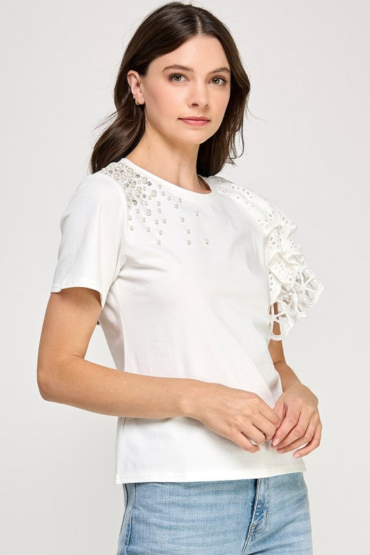 Rhinestone N Ruffle Detail T Shirt