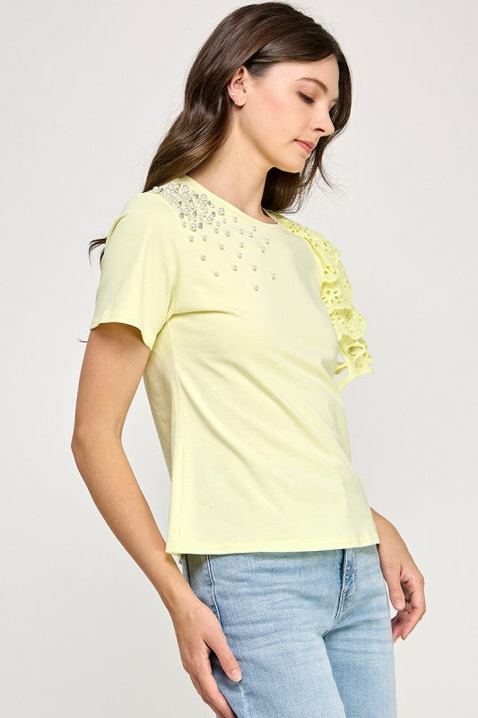 Rhinestone N Ruffle Detail T Shirt