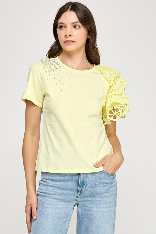 Rhinestone N Ruffle Detail T Shirt