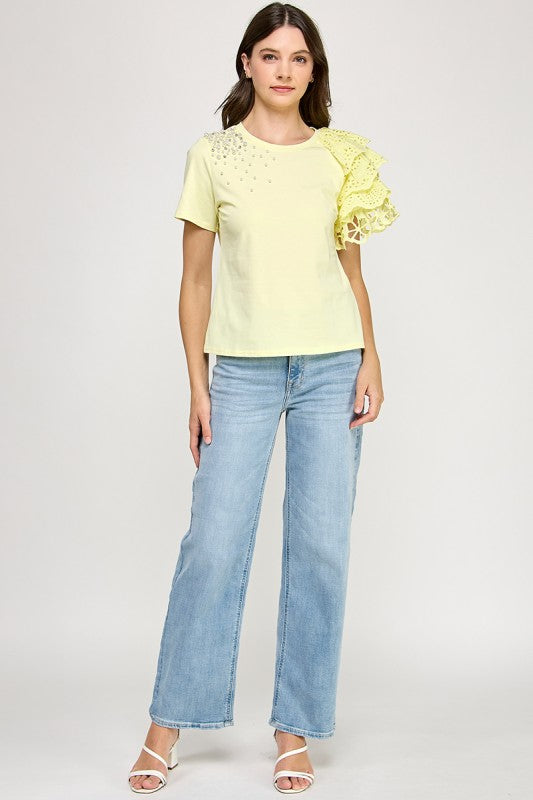 Rhinestone N Ruffle Detail T Shirt