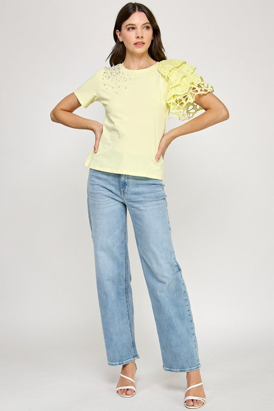 Rhinestone N Ruffle Detail T Shirt
