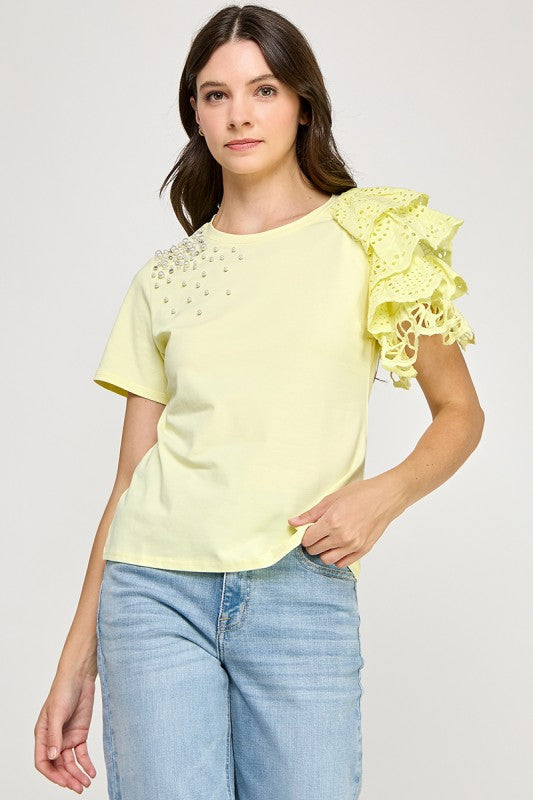 Rhinestone N Ruffle Detail T Shirt