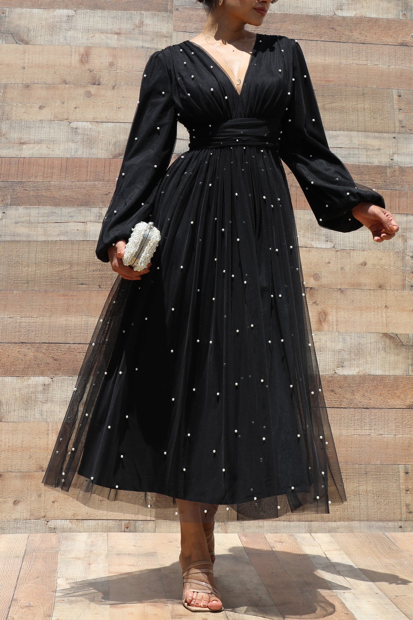 Pearl Mesh Midi Dress