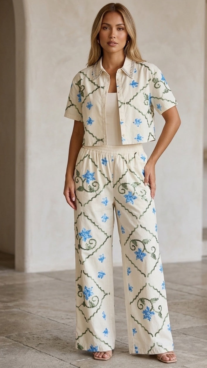Short Sleeve Set With Embroidered And Rhinestone