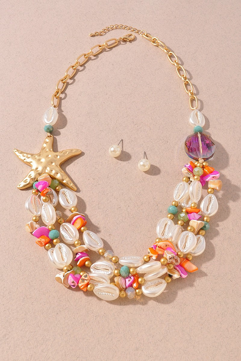 Starfish & Cowrie Shell Statement Necklace & Earring Set