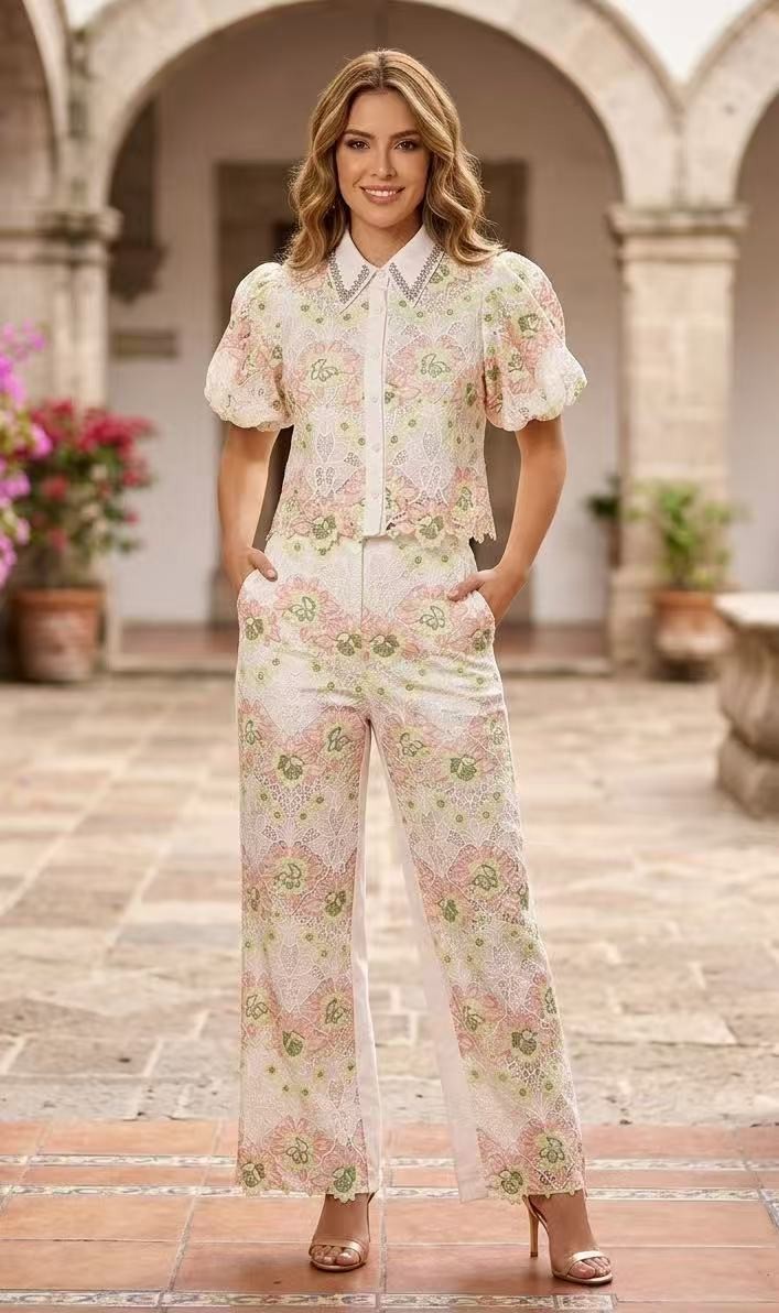 Short Sleeve Lace Blouse And Pants Set