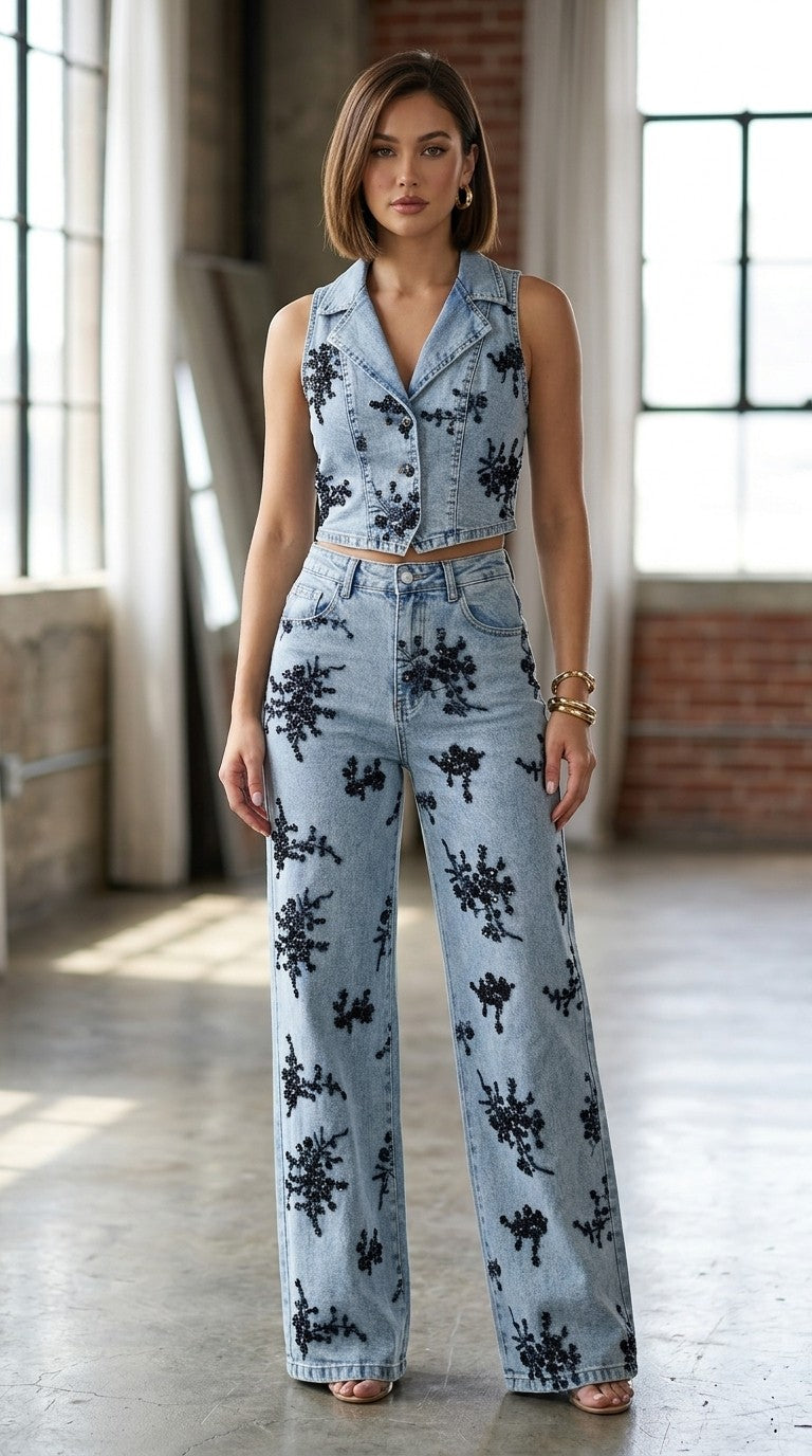 Denim Set With Stretchy And Embroidered