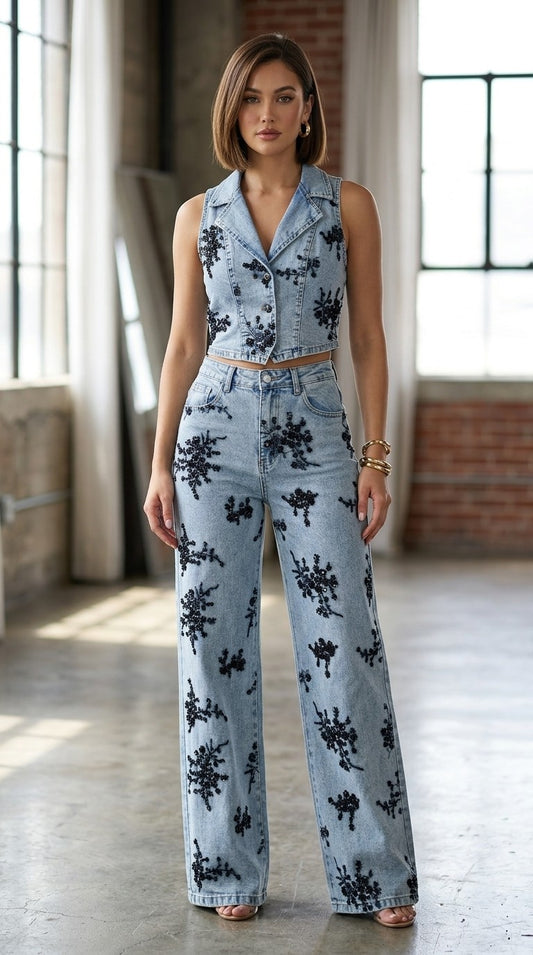 Denim Set With Stretchy And Embroidered