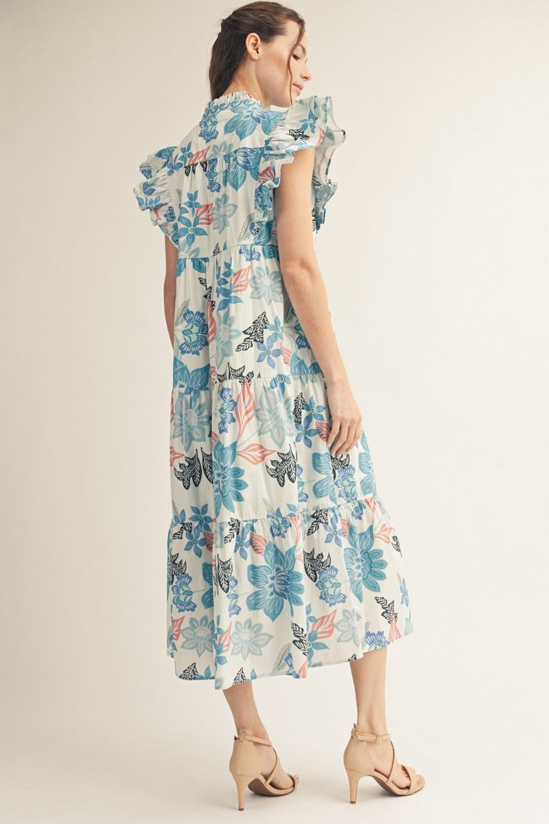 Ruffled Cap Sleeves Tropical Floral Midi Dress