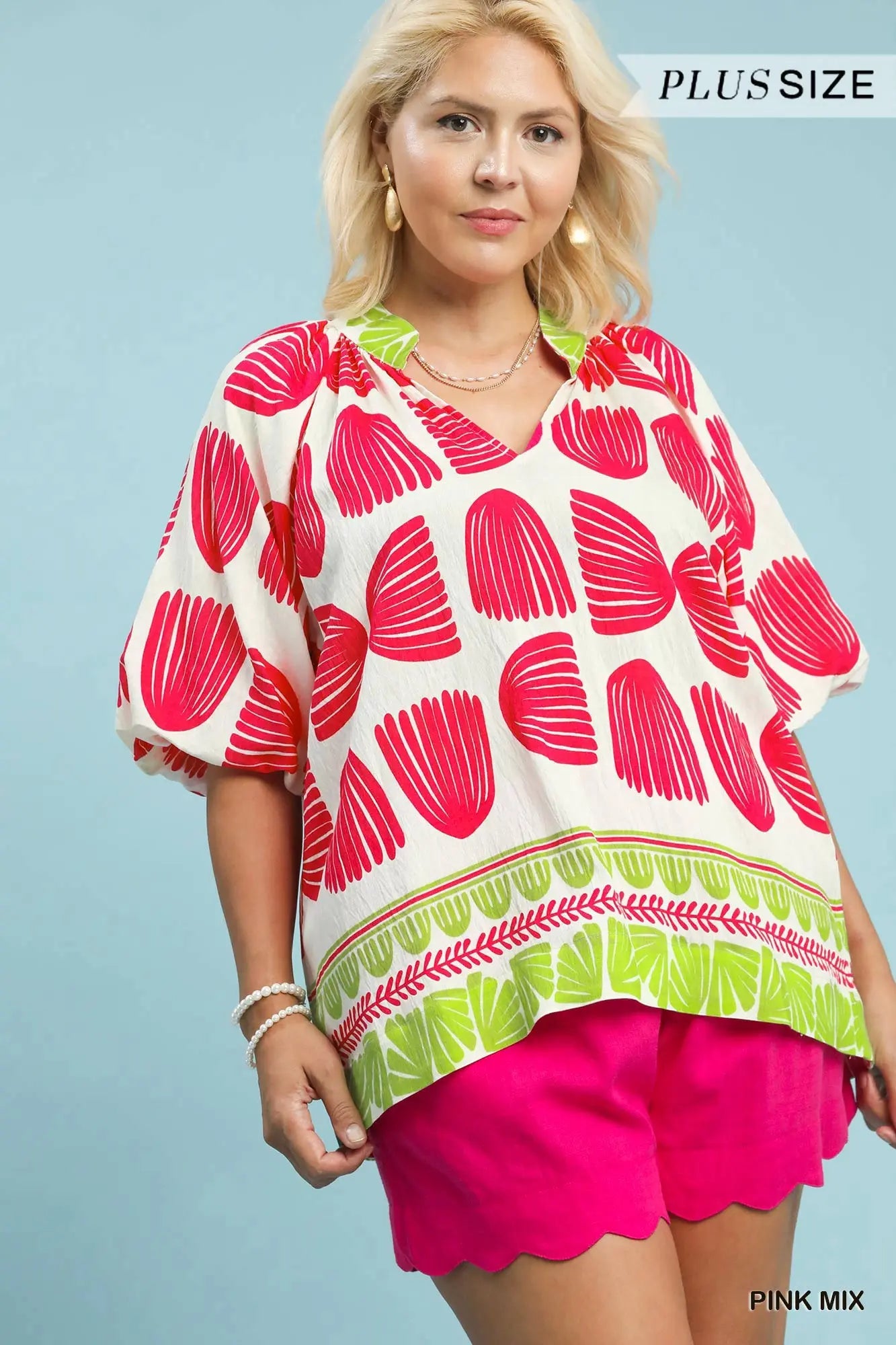 Shell Block Border Print V-Neck Blouse