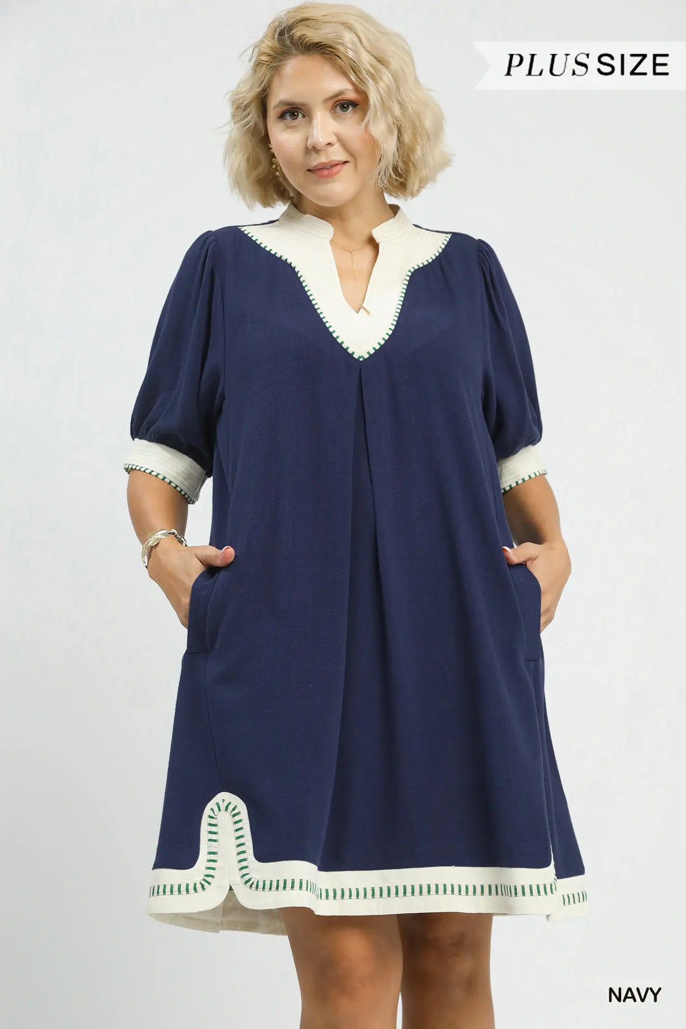 Linen Contrast Trim Midi Dress