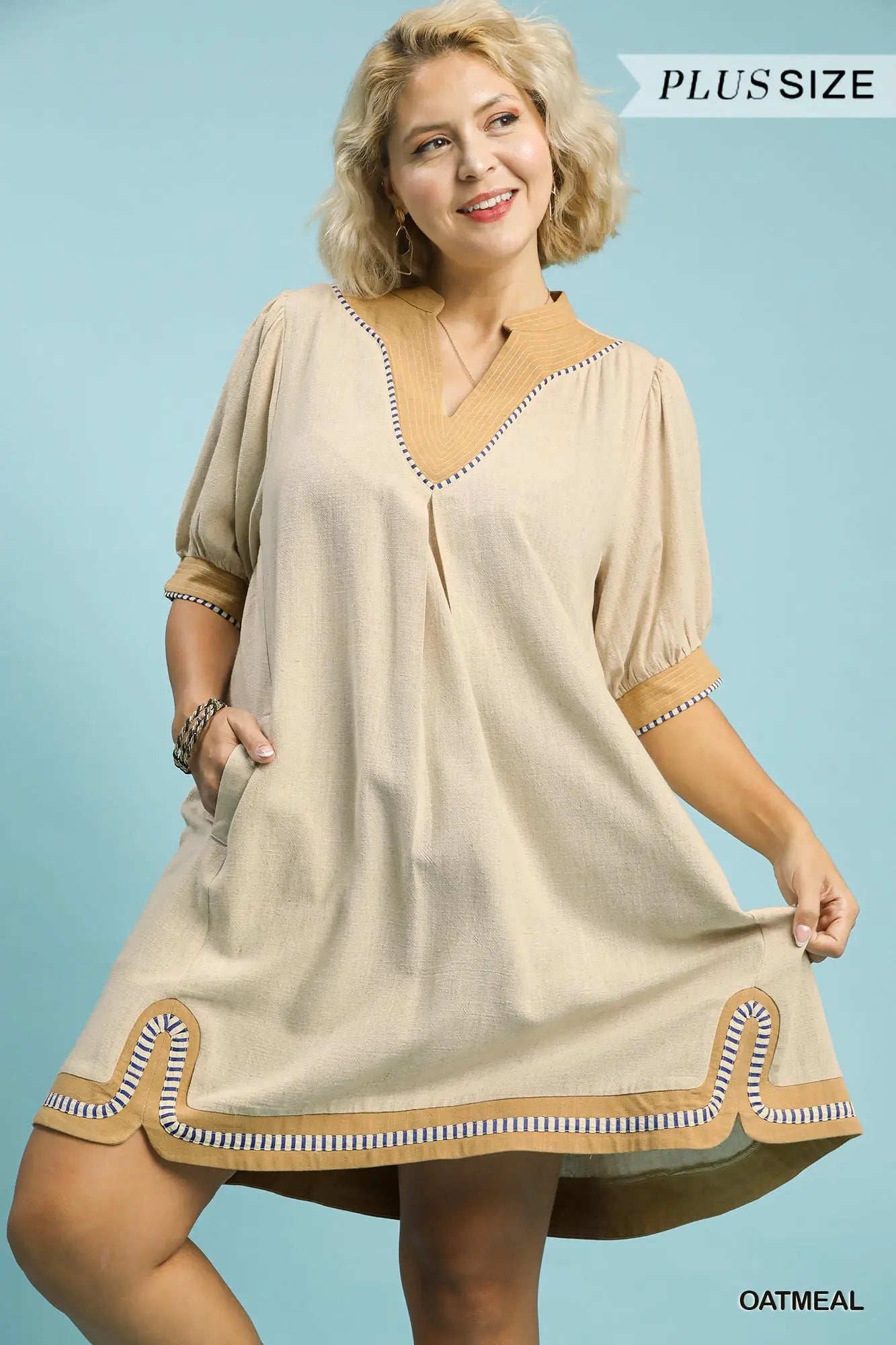 Linen Contrast Trim Midi Dress