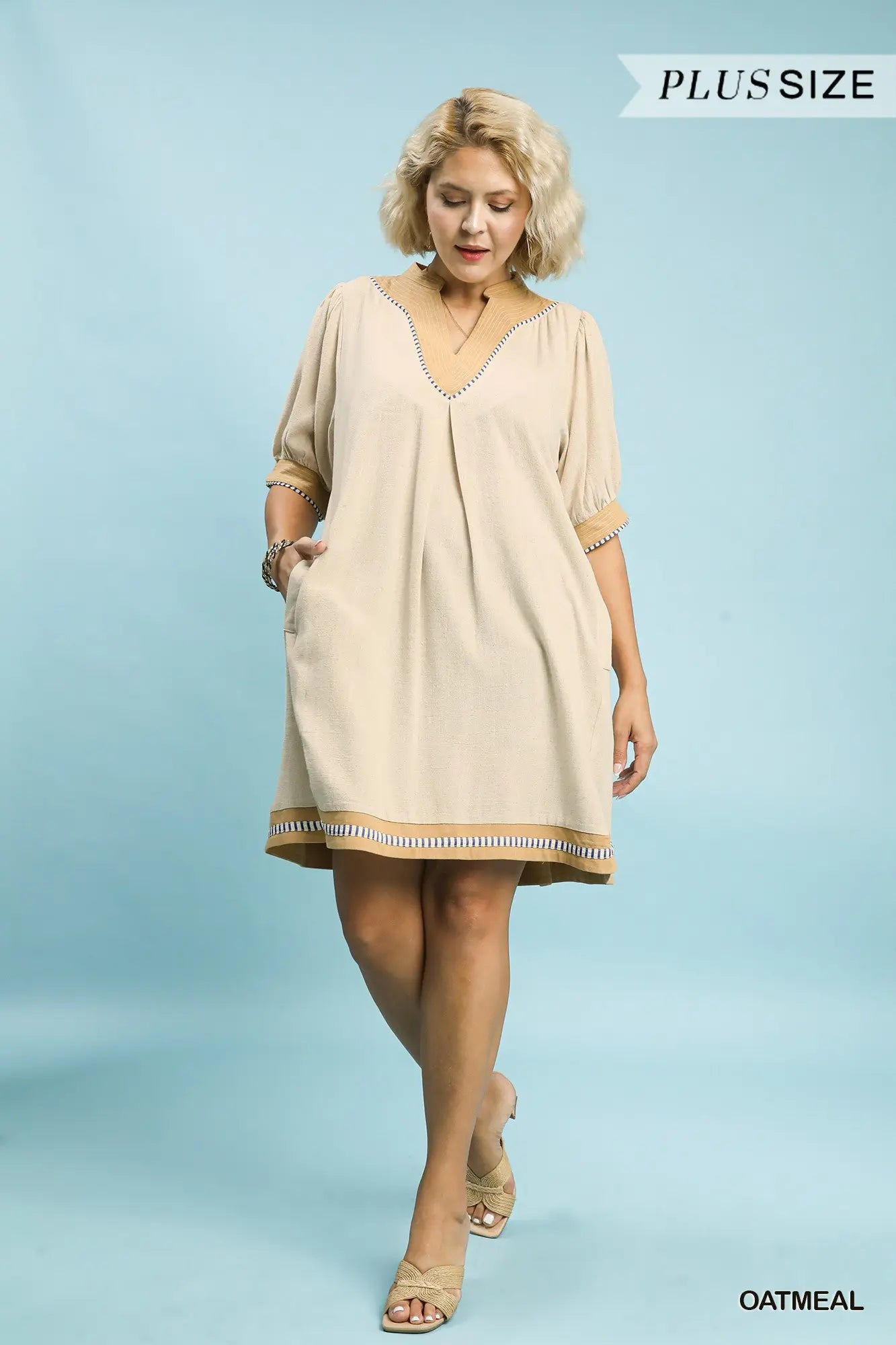 Linen Contrast Trim Midi Dress