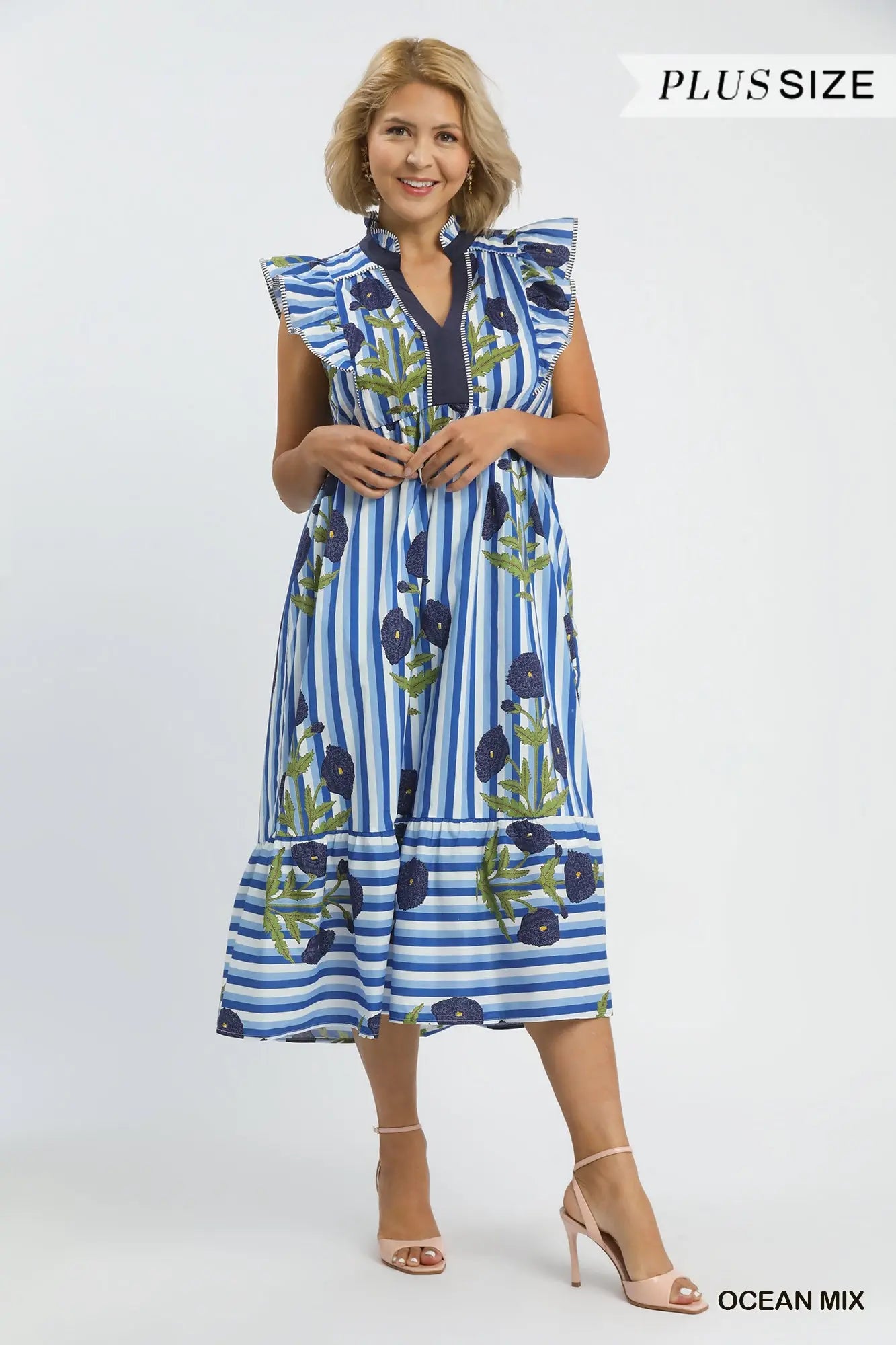 Mix Striped Floral Midi Dress
