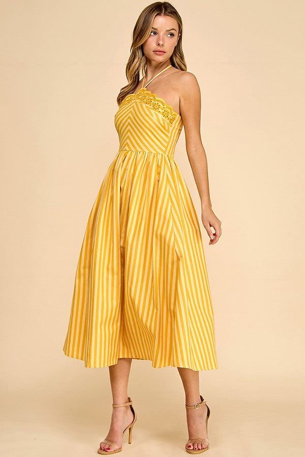 Scalloped Halter Neckline Midi Dress W Embroider