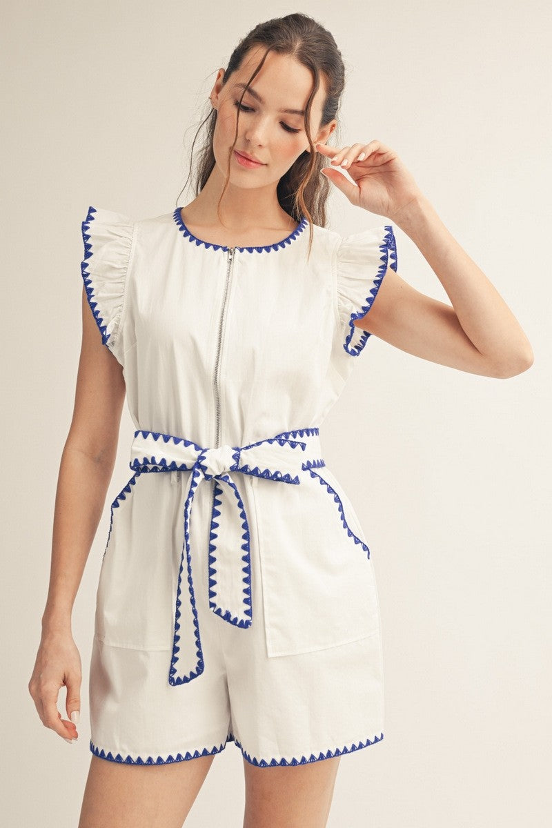 Embroidery Scallop Accent Zip Up Romper