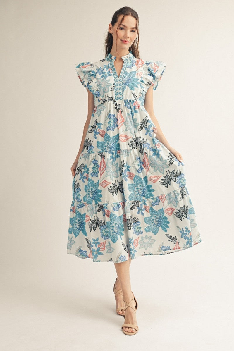 Ruffled Cap Sleeves Tropical Floral Midi Dress