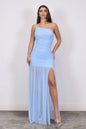 One Shoulder Ruched Mesh Maxi Dress