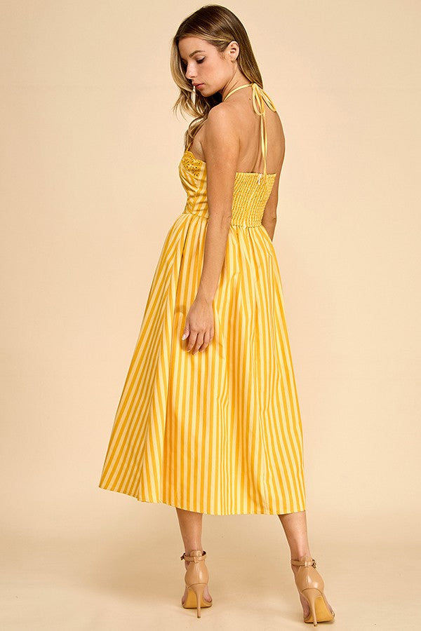 Scalloped Halter Neckline Midi Dress W Embroider